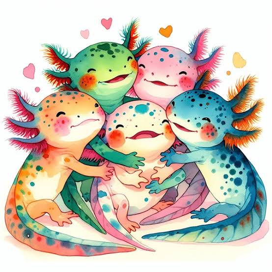 colorful graphic of a group of smiling axolotls