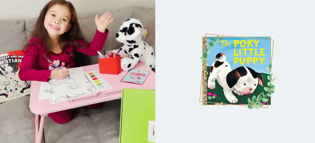 Girl waving with her stuffed dalmatian and book from Book and Bear