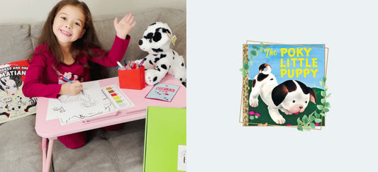 Girl waving with her stuffed dalmatian and book from Book and Bear