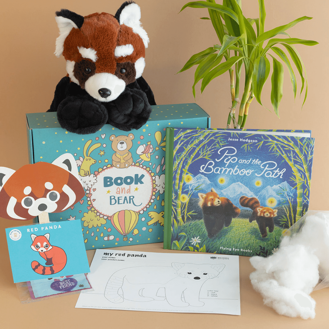 Photo of a red panda Book and Bear box with all elements: Red Panda to stuff, fluff, craft, coloring page, picture book, adoption papers, hear and new box.