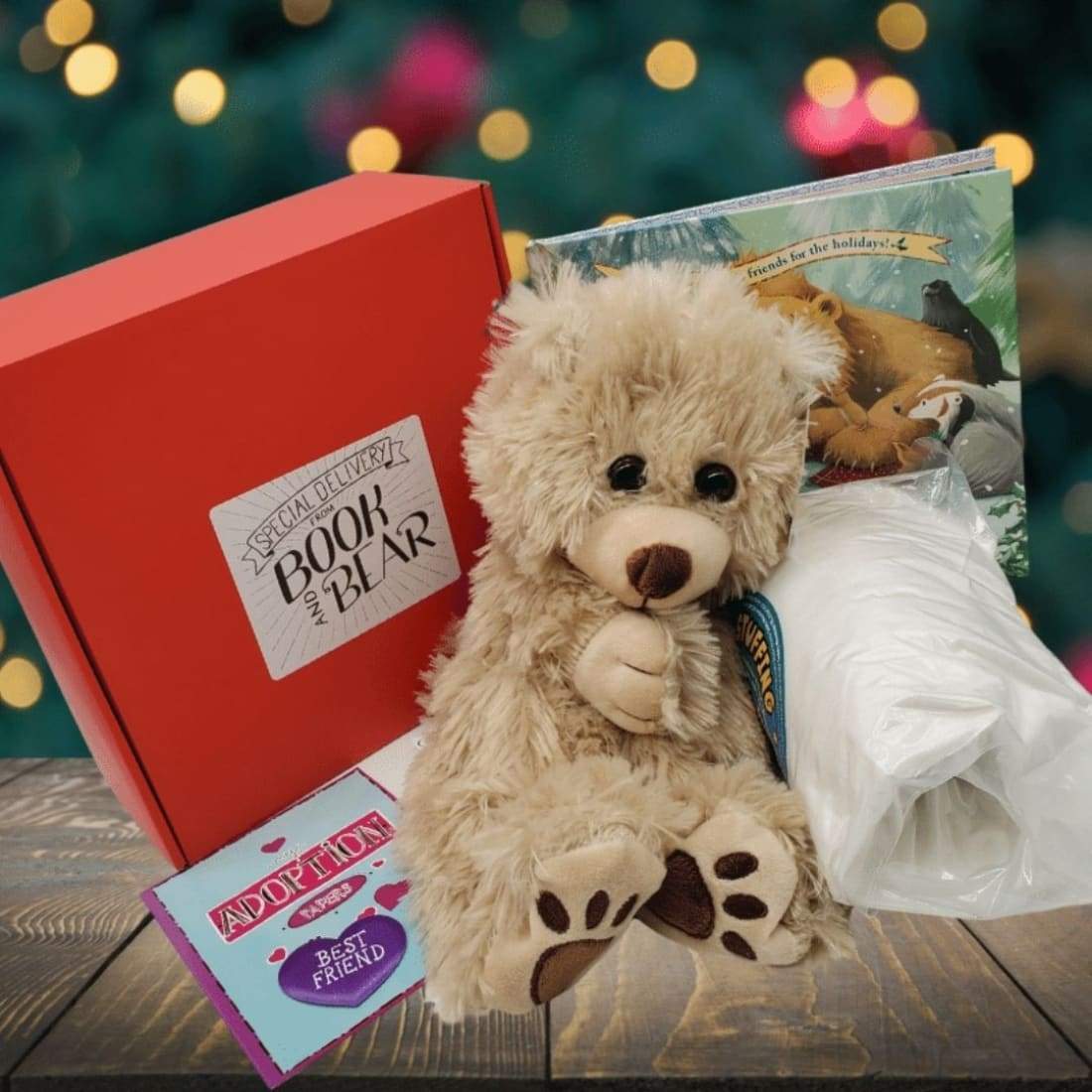 Christmas Teddy Bear Book and Bear Box with a Teddy Bear to easily build yourself, a picture book, and a Christmas gift surprise. Shown outside their box.